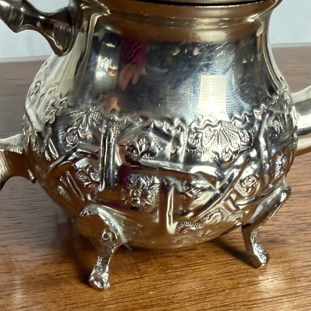 VTG Moroccan Silver Plate Teapot Repousse Footed Fez Style Wood Finial Signed